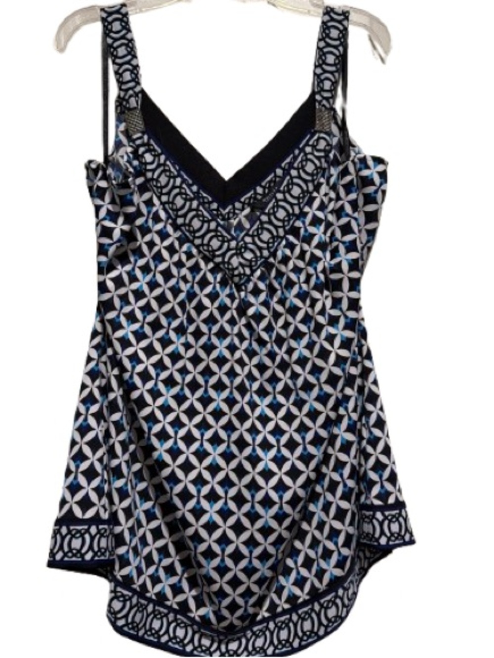 White House Black Market Navy, White and Light Blue Geometric Camisole L